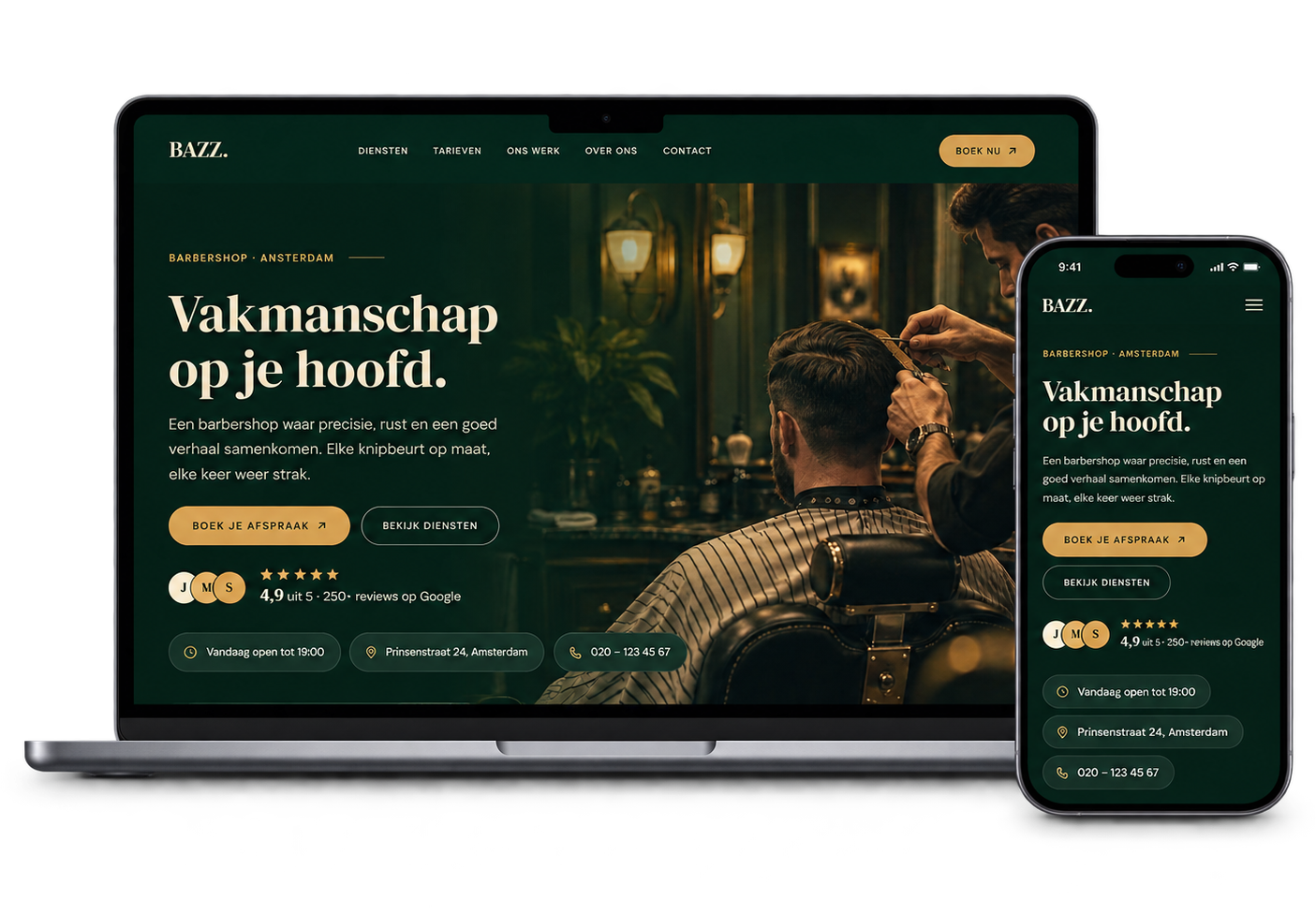 Barbershop Bazz website op laptop en telefoon